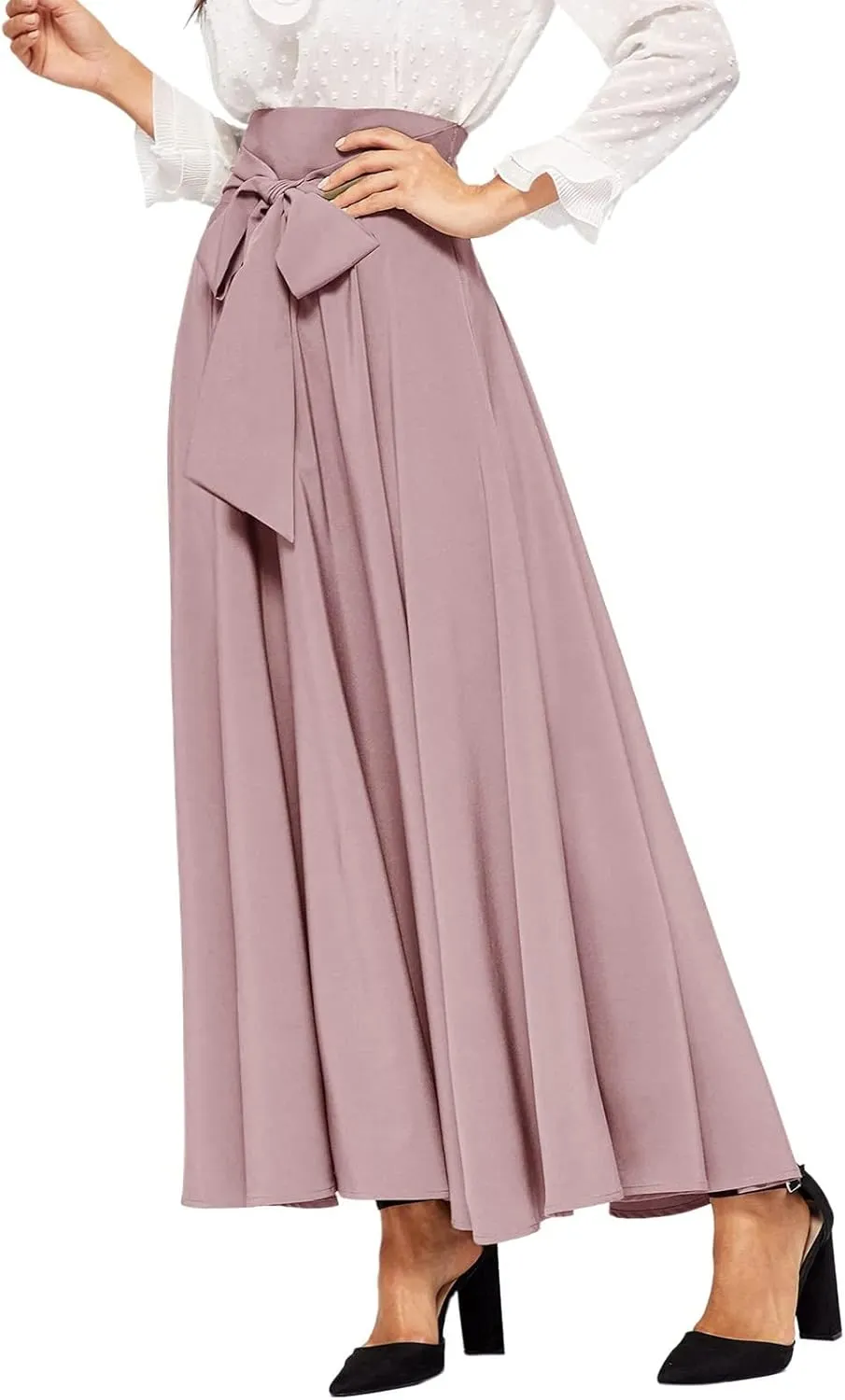 High Waisted Skirts for Women Asymmetrical Draped Hem Flowy Midi Length Bohemian Skirt with Adjustable Waist Tie