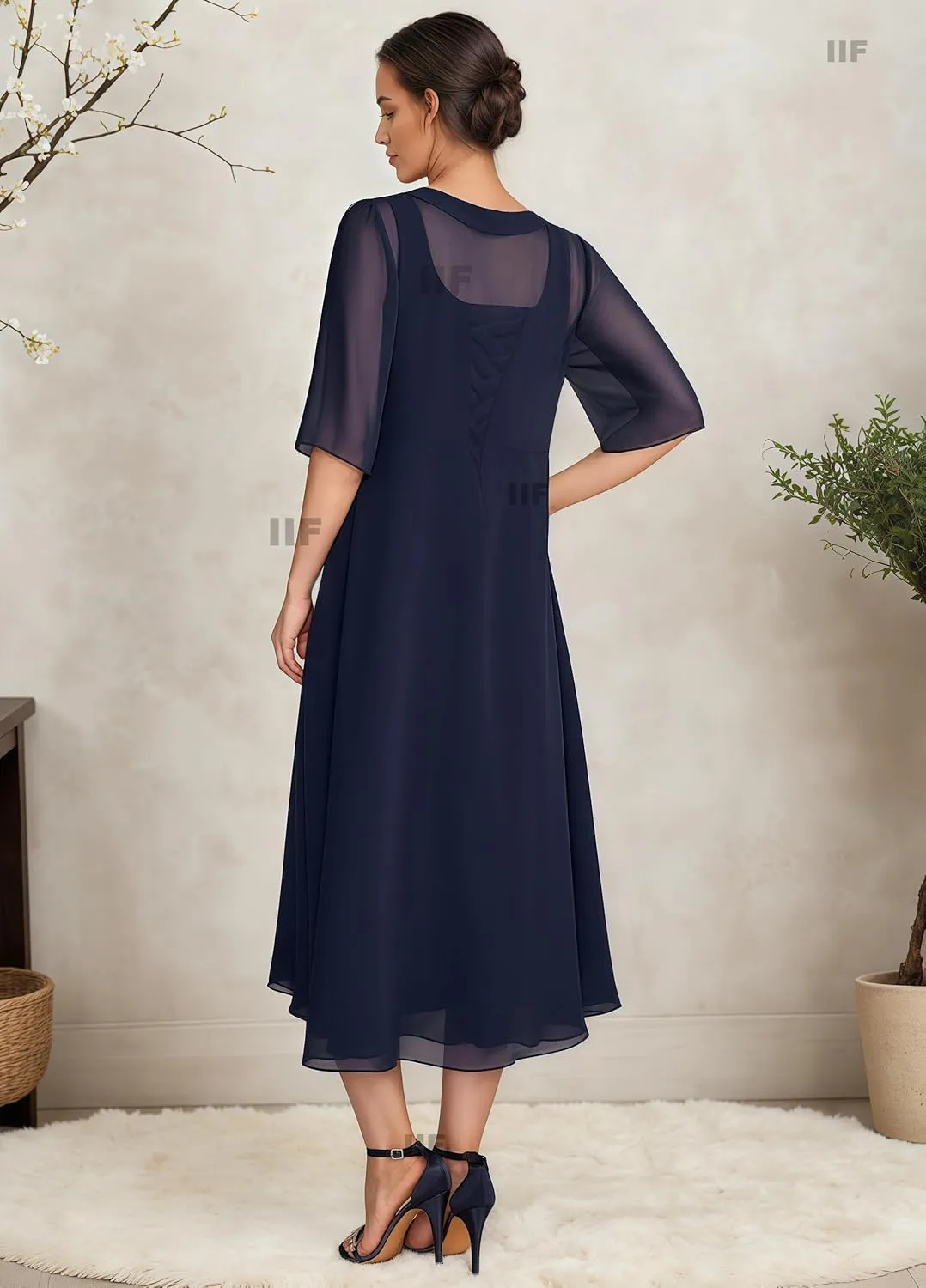 IIF 2 Pieces Mother of The Bride Dresses for Wedding Short Sleeve Chiffon A-Line Party Dress with Jacket IIF161