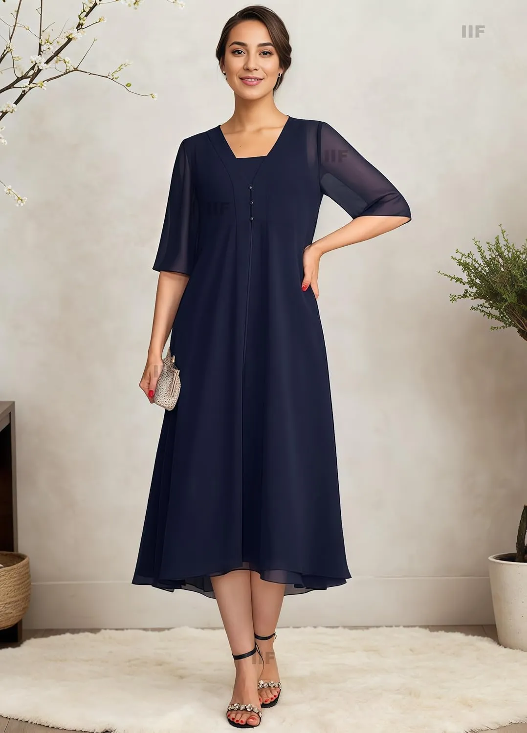 IIF 2 Pieces Mother of The Bride Dresses for Wedding Short Sleeve Chiffon A-Line Party Dress with Jacket IIF161