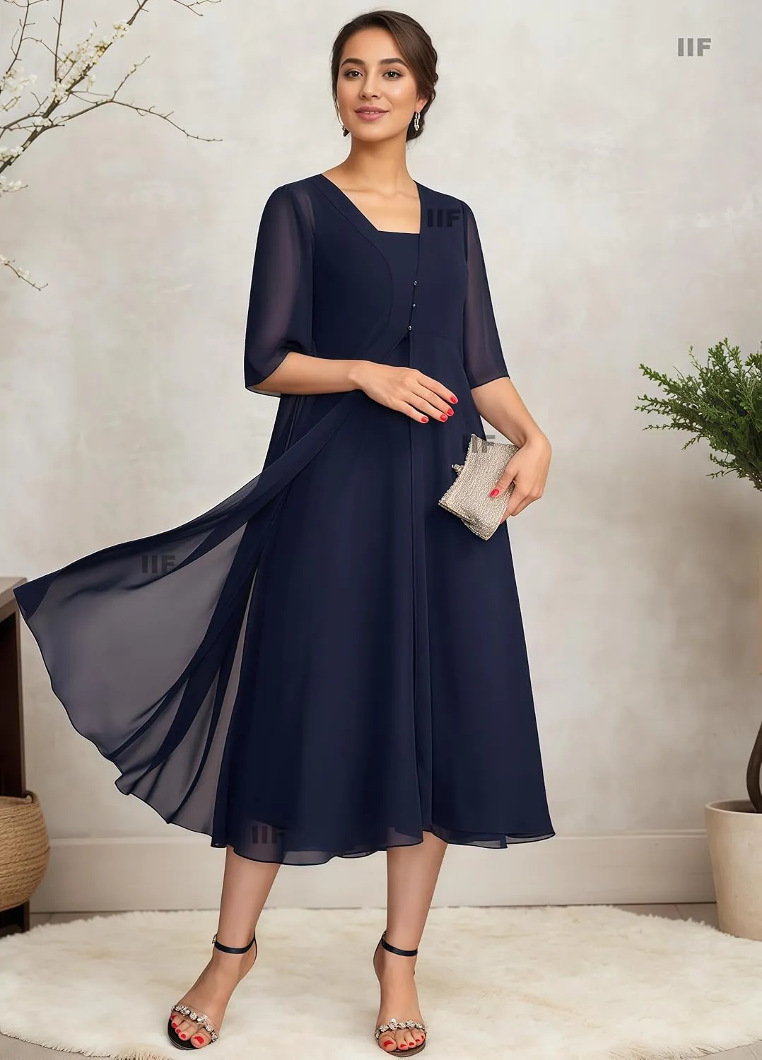 IIF 2 Pieces Mother of The Bride Dresses for Wedding Short Sleeve Chiffon A-Line Party Dress with Jacket IIF161