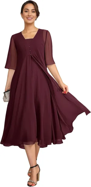 IIF 2 Pieces Mother of The Bride Dresses for Wedding Short Sleeve Chiffon A-Line Party Dress with Jacket IIF161