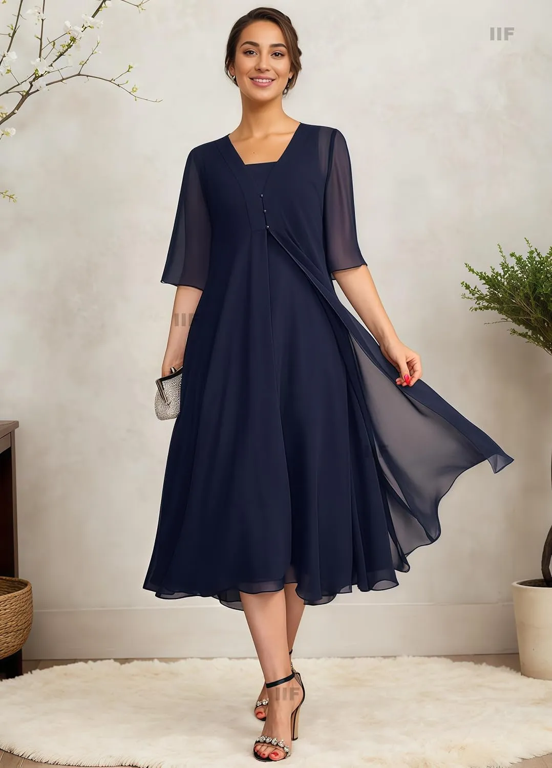 IIF 2 Pieces Mother of The Bride Dresses for Wedding Short Sleeve Chiffon A-Line Party Dress with Jacket IIF161