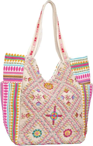 JEN & CO. Women's Vintage Textured Bohemian Sling Shoulder Tote Large Bag Beaded Canvas With Vibrant and Colorful Patterns