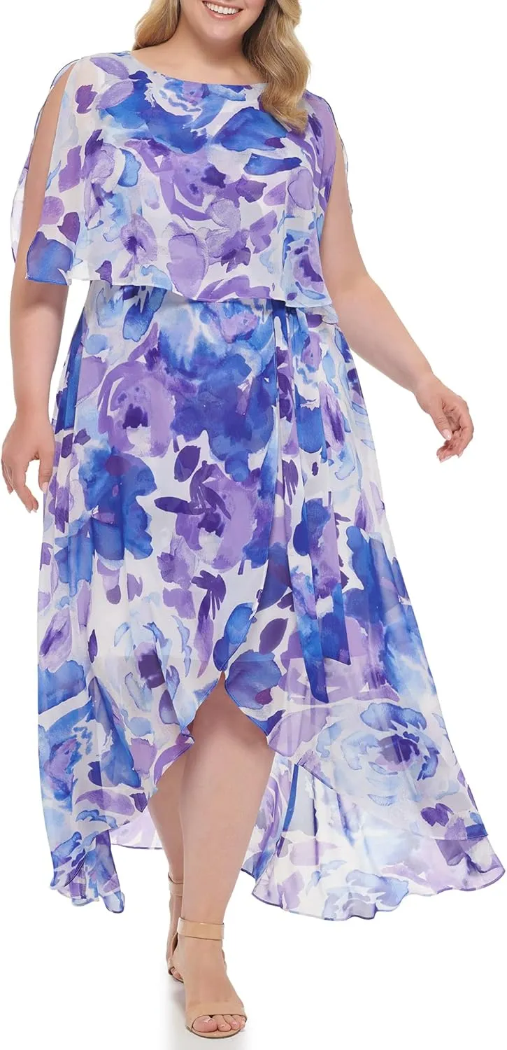 Jessica Howard Women's Floral Cape High-Low Maxi Dress  Chiffon Gown