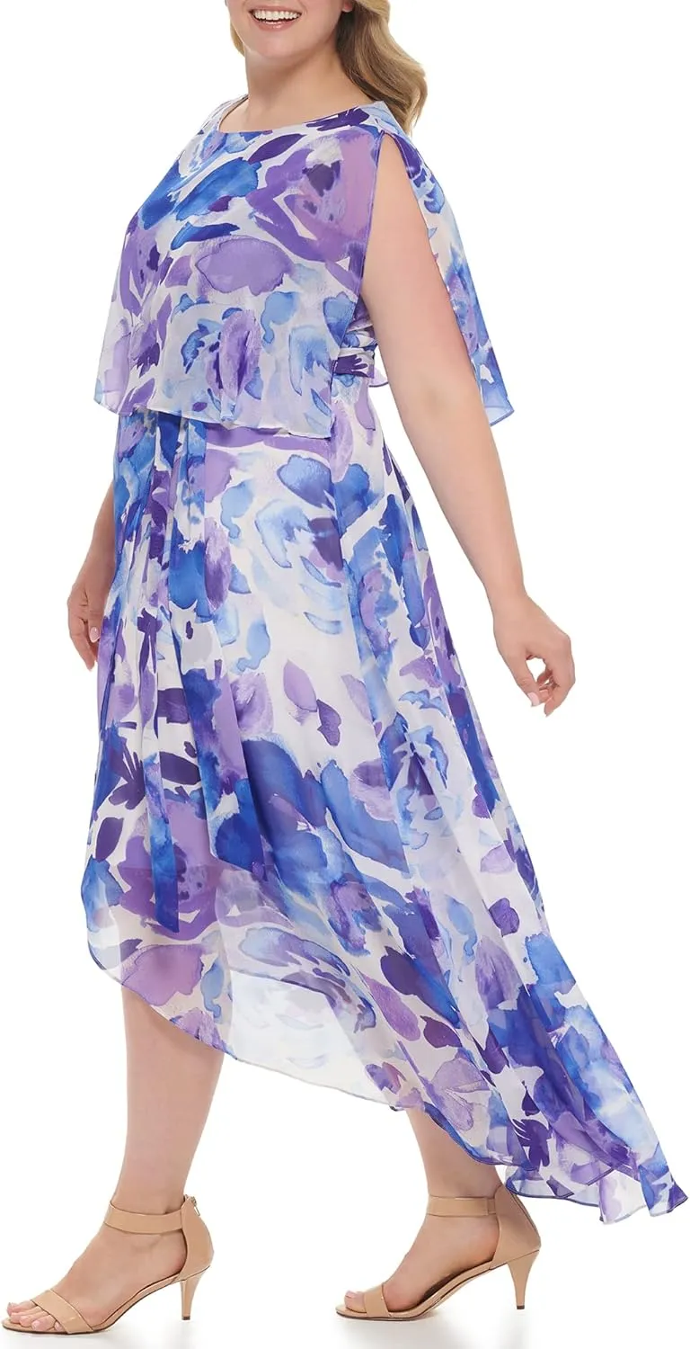Jessica Howard Women's Floral Cape High-Low Maxi Dress  Chiffon Gown