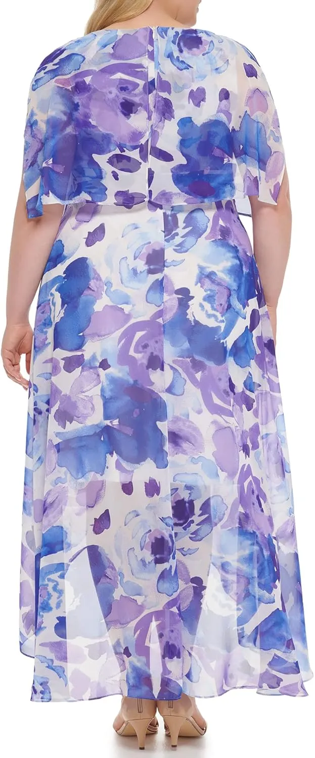 Jessica Howard Women's Floral Cape High-Low Maxi Dress  Chiffon Gown
