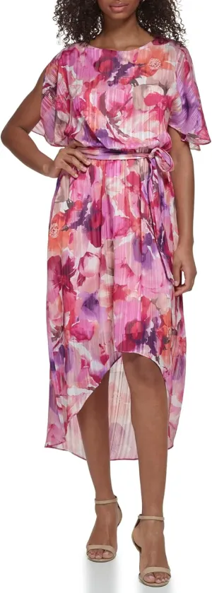 Jessica Howard Women's Floral Hi-lo Midi Dress  Short Sleeve Chiffon Lurex Cocktail Gown