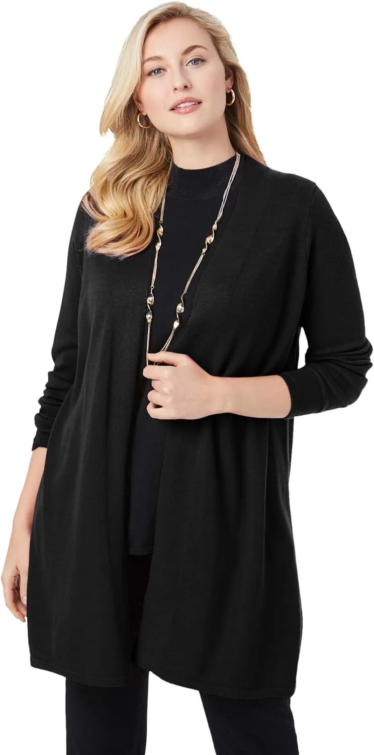 Jessica London Women's Plus Size Fine Gauge Cardigan Long Open Front Sweater