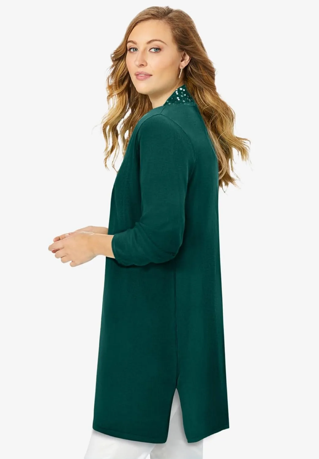 Jessica London Women's Plus Size Fine Gauge Cardigan Long Open Front Sweater