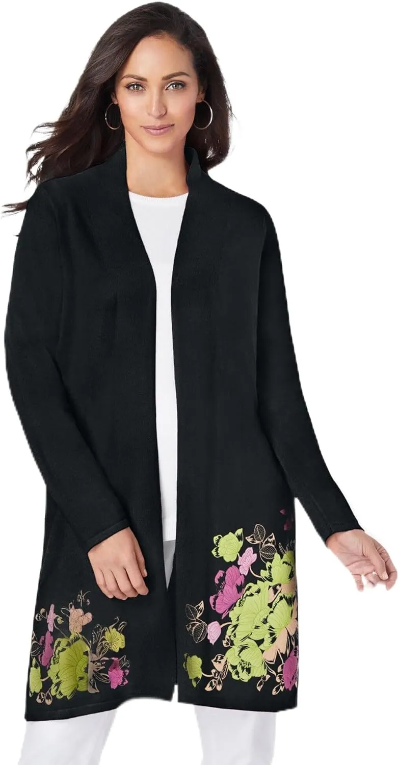 Jessica London Women's Plus Size Fine Gauge Cardigan Long Open Front Sweater