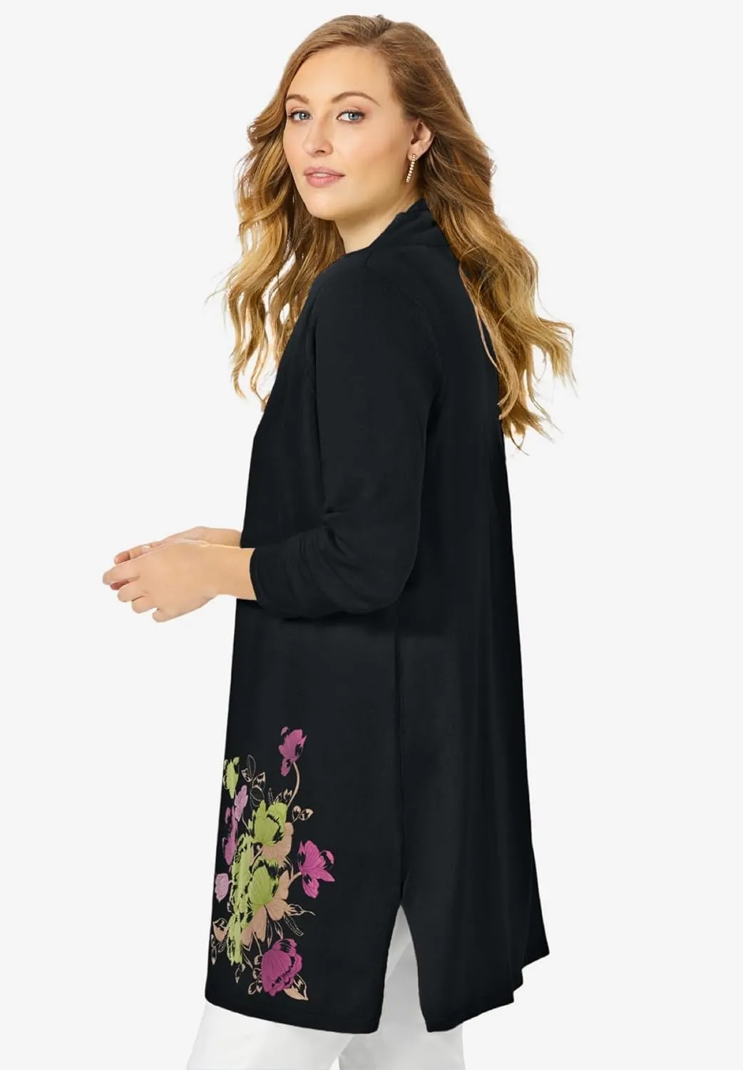 Jessica London Women's Plus Size Fine Gauge Cardigan Long Open Front Sweater