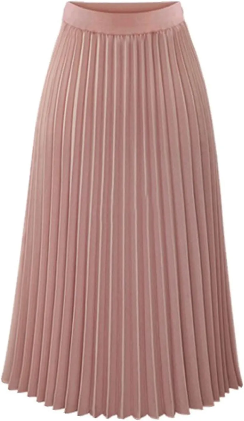 JOAU Pleated Midi Skirts for Women Summer Fashion Long Chiffon High Waisted A Line Skirt Party Evening Shirring Swing Skirts
