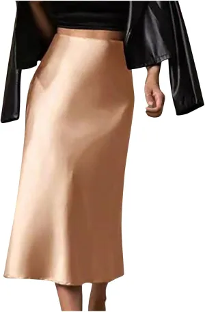 JOAU Women's Summer Skirt 2024 Satin Elegant High Waist Cocktail Party Wedding A-Line Midi Skirts Work Business Dressy Skirt