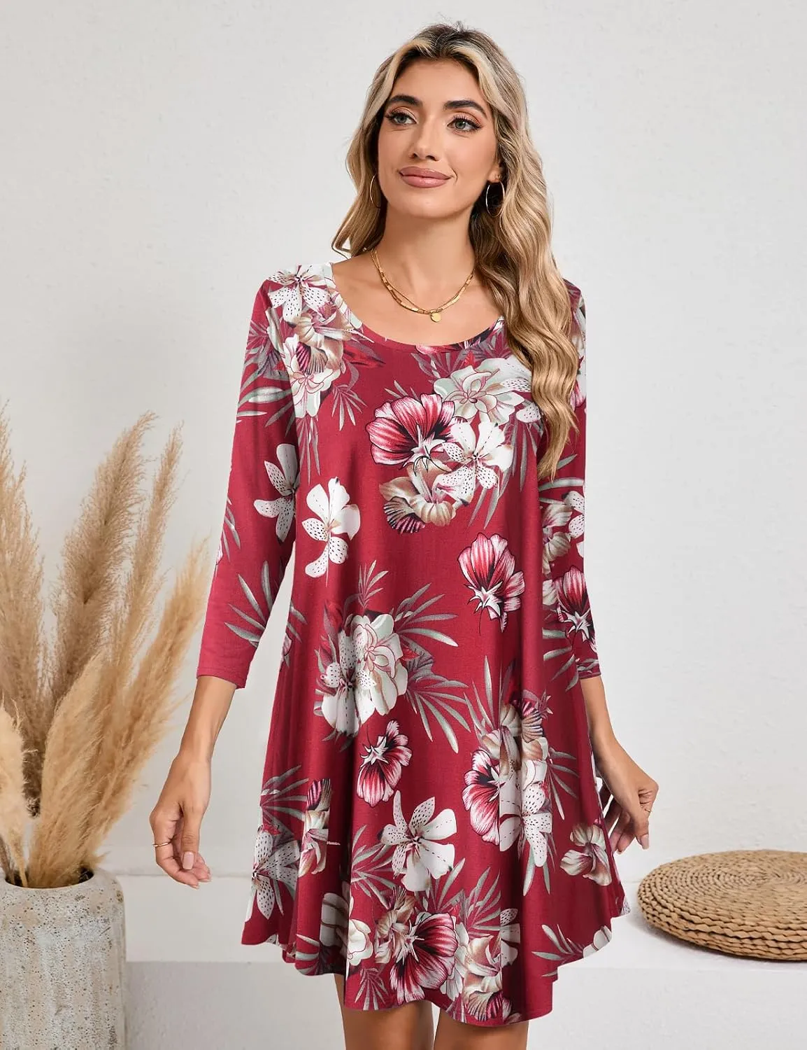 JollieLovin Women 3/4 Sleeve Plus Size Casual Fall Dresses 2024 Crew Neck T Shirt Long Tunic Dress