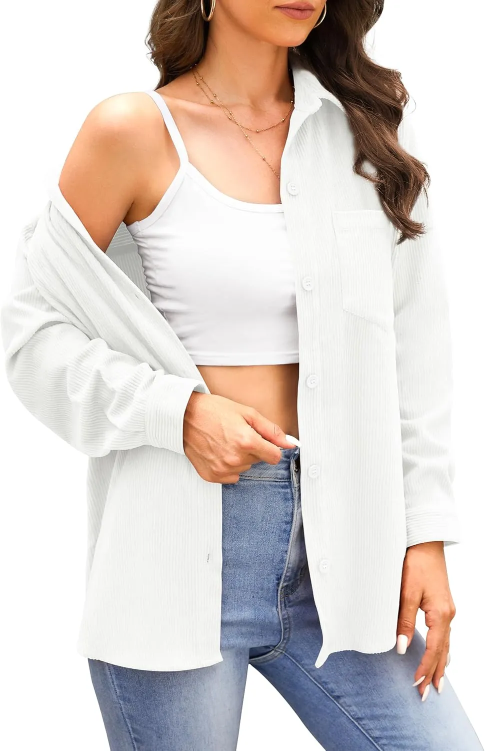 Jouica Womens 2024 Fashion Corduroy Button Down Shirts Boyfriend Long Sleeve Oversized Blouses Tops