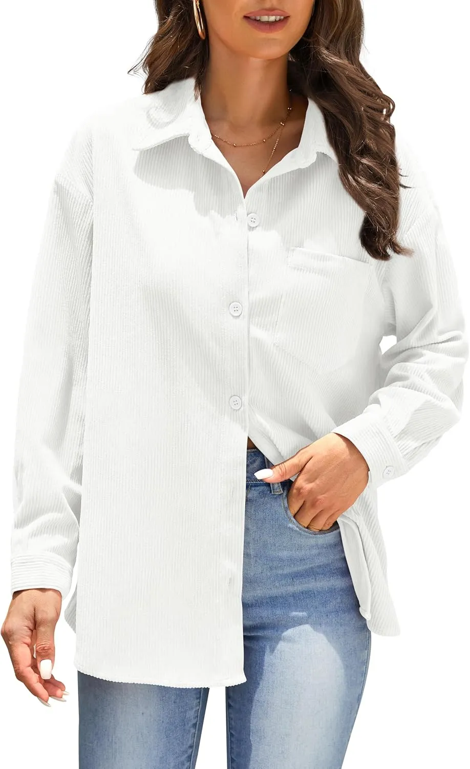 Jouica Womens 2024 Fashion Corduroy Button Down Shirts Boyfriend Long Sleeve Oversized Blouses Tops