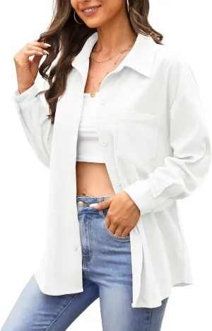 Jouica Womens 2024 Fashion Corduroy Button Down Shirts Boyfriend Long Sleeve Oversized Blouses Tops