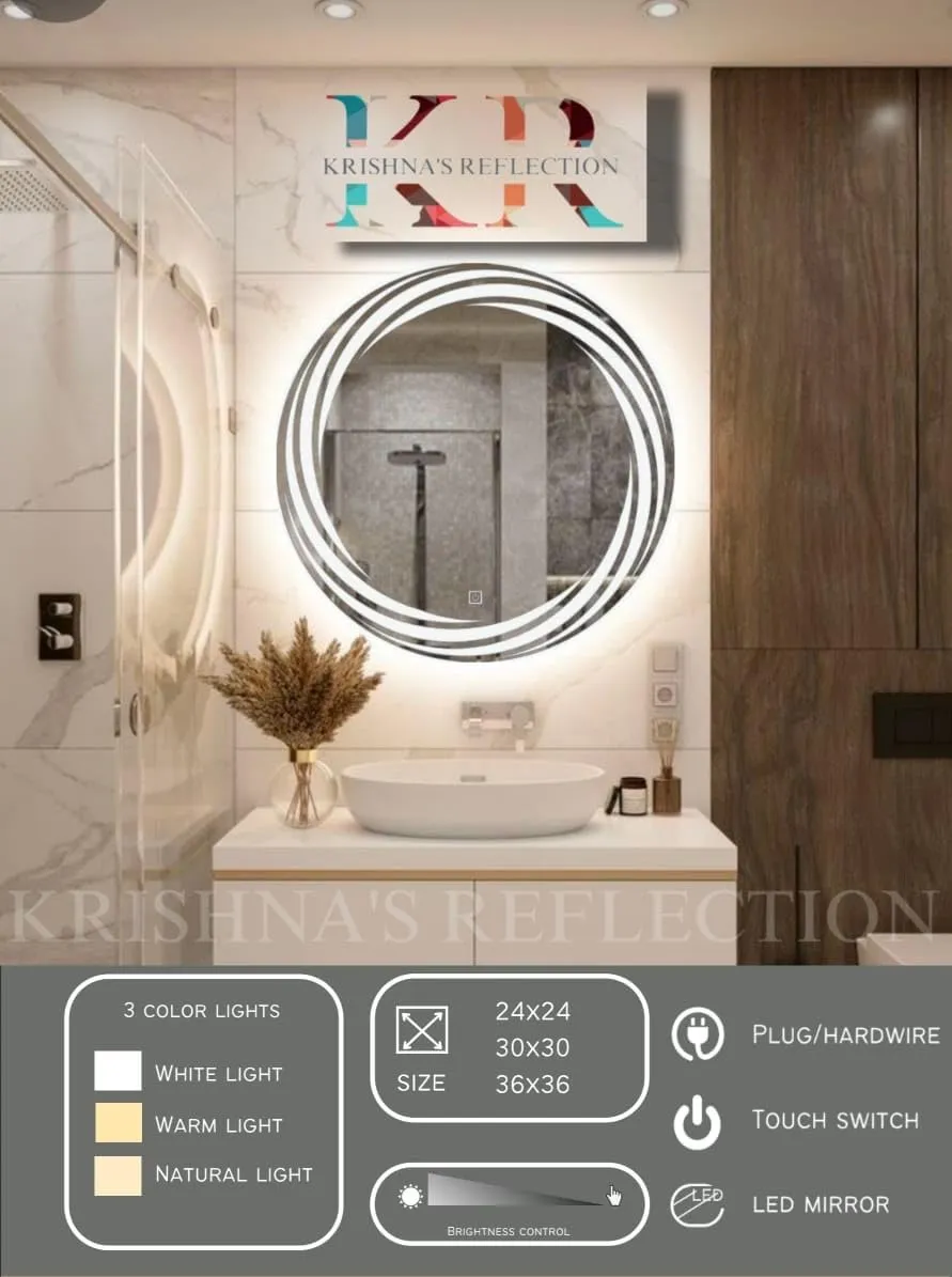 K R KRISHNA'S Reflection Wall Mount Round Touch Sensor LED Light Mirror Glass (Warm White, Natural White, 24 x 24 INCH)