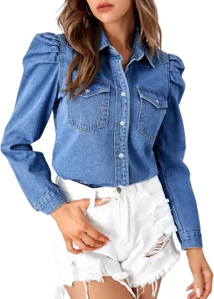 Kedera Women Denim Shirt Summer Casual Button Down Jean Shirts Work Blouses Tops