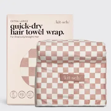 Kitsch -Extra Large Quick-Dry Hair Towel Wrap- Terracotta Checker