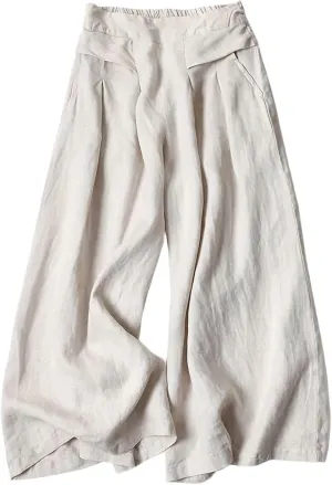 Kubbon Women's Cotton Linen High Waisted Palazzo Pants Wide Leg Lounge Pants Flowy Summer Drawstring Slimming Trousers