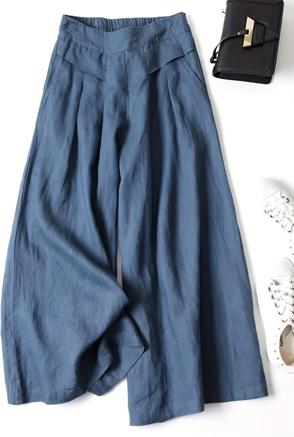 Kubbon Women's Cotton Linen High Waisted Palazzo Pants Wide Leg Lounge Pants Flowy Summer Drawstring Slimming Trousers