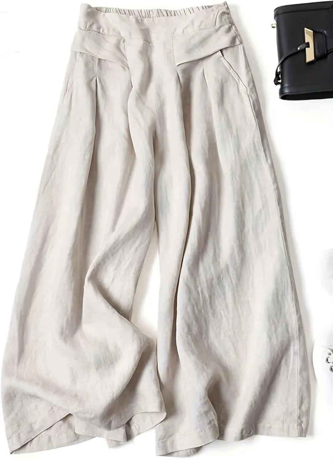Kubbon Women's Cotton Linen High Waisted Palazzo Pants Wide Leg Lounge Pants Flowy Summer Drawstring Slimming Trousers