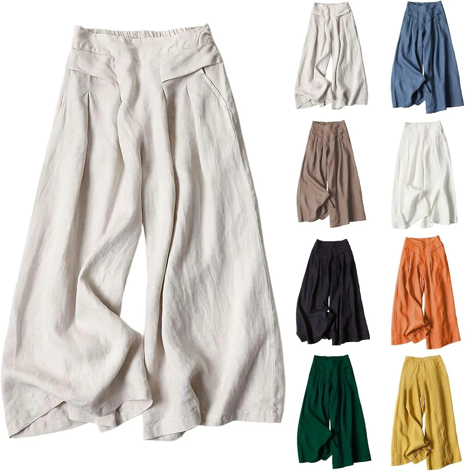 Kubbon Women's Cotton Linen High Waisted Palazzo Pants Wide Leg Lounge Pants Flowy Summer Drawstring Slimming Trousers