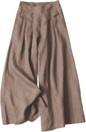 Kubbon Women's Cotton Linen High Waisted Palazzo Pants Wide Leg Lounge Pants Flowy Summer Drawstring Slimming Trousers