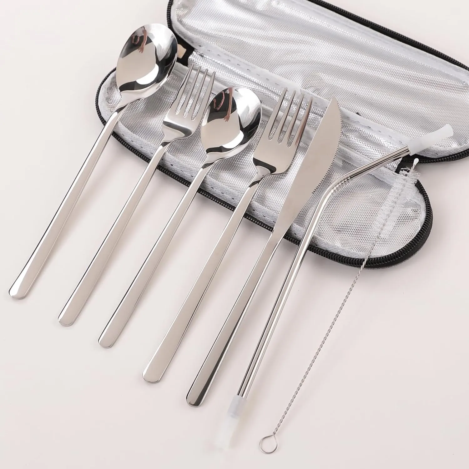 Kuber Industries 14 Pcs Utensil Set | Pack of 2 | Travel Camping Cutlery Set | Stainless Steel Flatware Set with Bag | Travel Organizer Utensil Set | Durable and Practical | Gray Cover