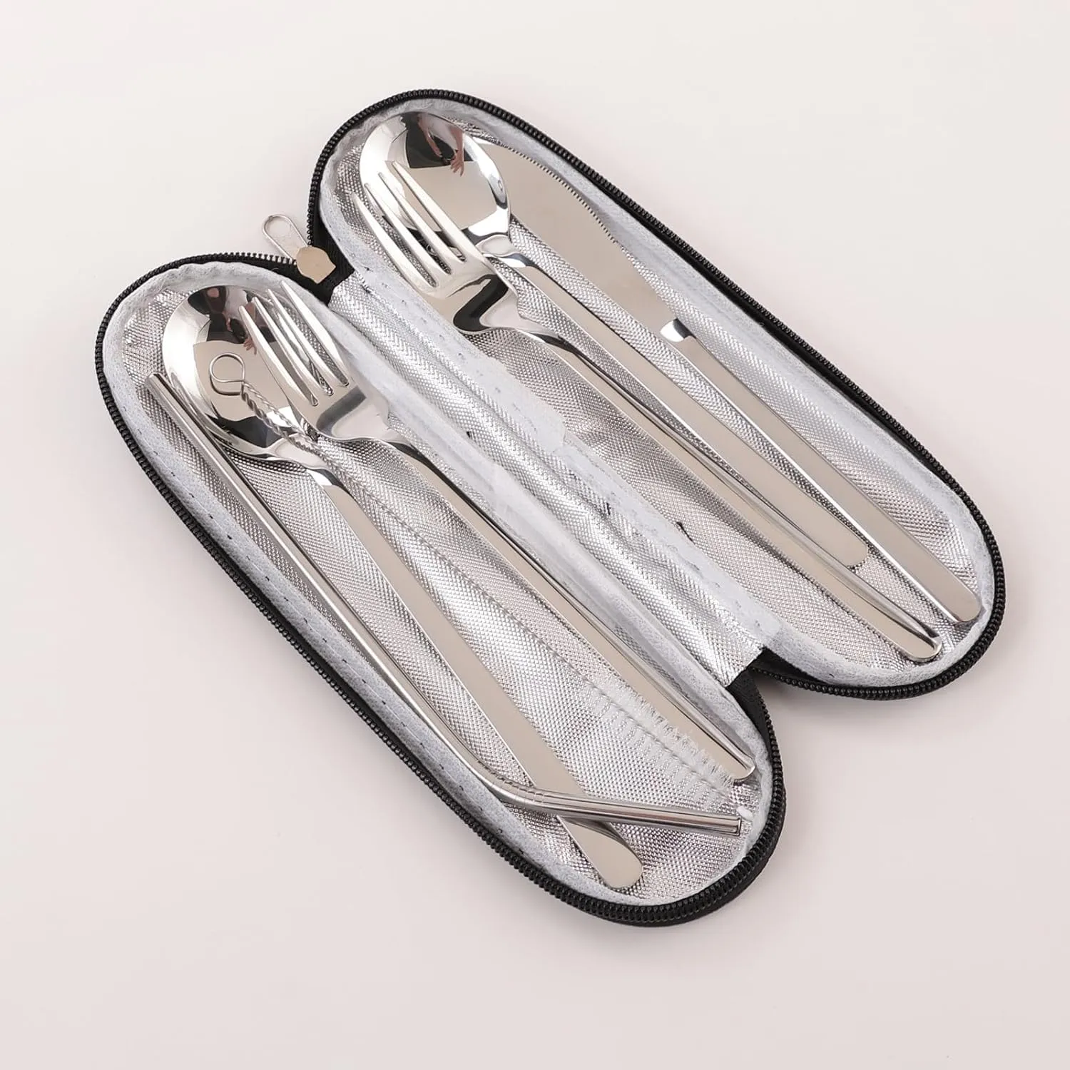 Kuber Industries 14 Pcs Utensil Set | Pack of 2 | Travel Camping Cutlery Set | Stainless Steel Flatware Set with Bag | Travel Organizer Utensil Set | Durable and Practical | Gray Cover