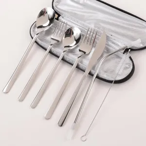 Kuber Industries 14 Pcs Utensil Set | Pack of 2 | Travel Camping Cutlery Set | Stainless Steel Flatware Set with Bag | Travel Organizer Utensil Set | Durable and Practical | Gray Cover