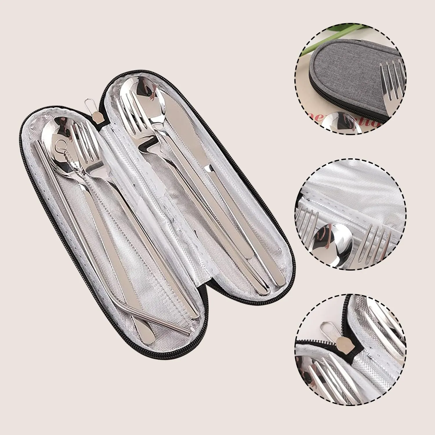 Kuber Industries 14 Pcs Utensil Set | Pack of 2 | Travel Camping Cutlery Set | Stainless Steel Flatware Set with Bag | Travel Organizer Utensil Set | Durable and Practical | Gray Cover