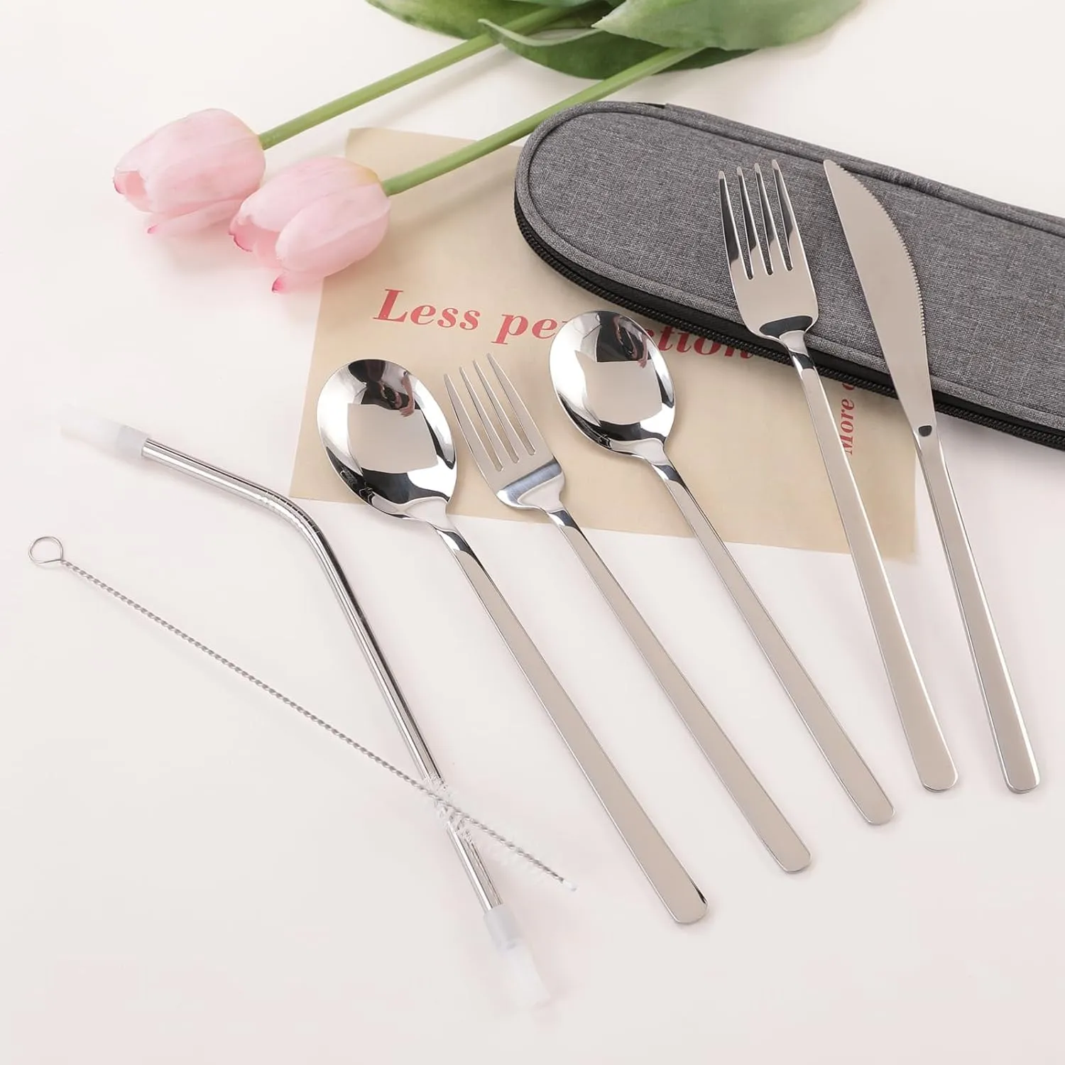 Kuber Industries 14 Pcs Utensil Set | Pack of 2 | Travel Camping Cutlery Set | Stainless Steel Flatware Set with Bag | Travel Organizer Utensil Set | Durable and Practical | Gray Cover