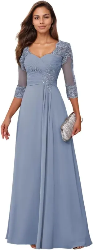 Lace Applique Mother of The Bride Dress Chiffon Sweetheart Bridesmaid Dress for Wedding Long Sleeve Formal Gown