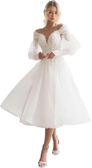 Lace Applique Pearl Wedding Dresses for Bride Long Sleeve Bohemian Bridal Gown Tea Length Engagement Dress 2024