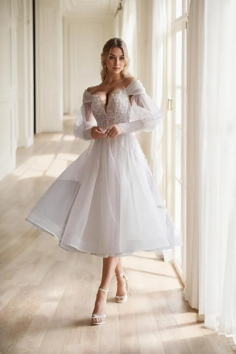 Lace Applique Pearl Wedding Dresses for Bride Long Sleeve Bohemian Bridal Gown Tea Length Engagement Dress 2024