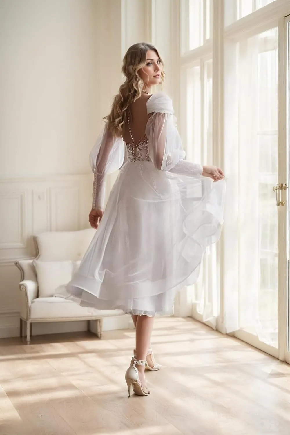 Lace Applique Pearl Wedding Dresses for Bride Long Sleeve Bohemian Bridal Gown Tea Length Engagement Dress 2024