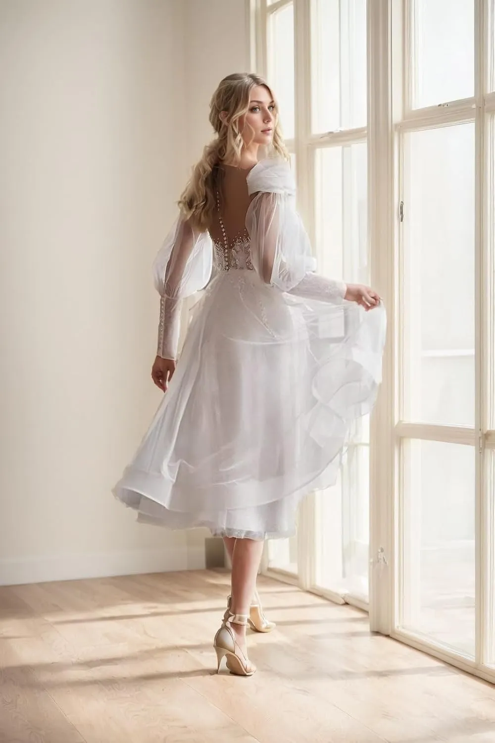 Lace Applique Pearl Wedding Dresses for Bride Long Sleeve Bohemian Bridal Gown Tea Length Engagement Dress 2024