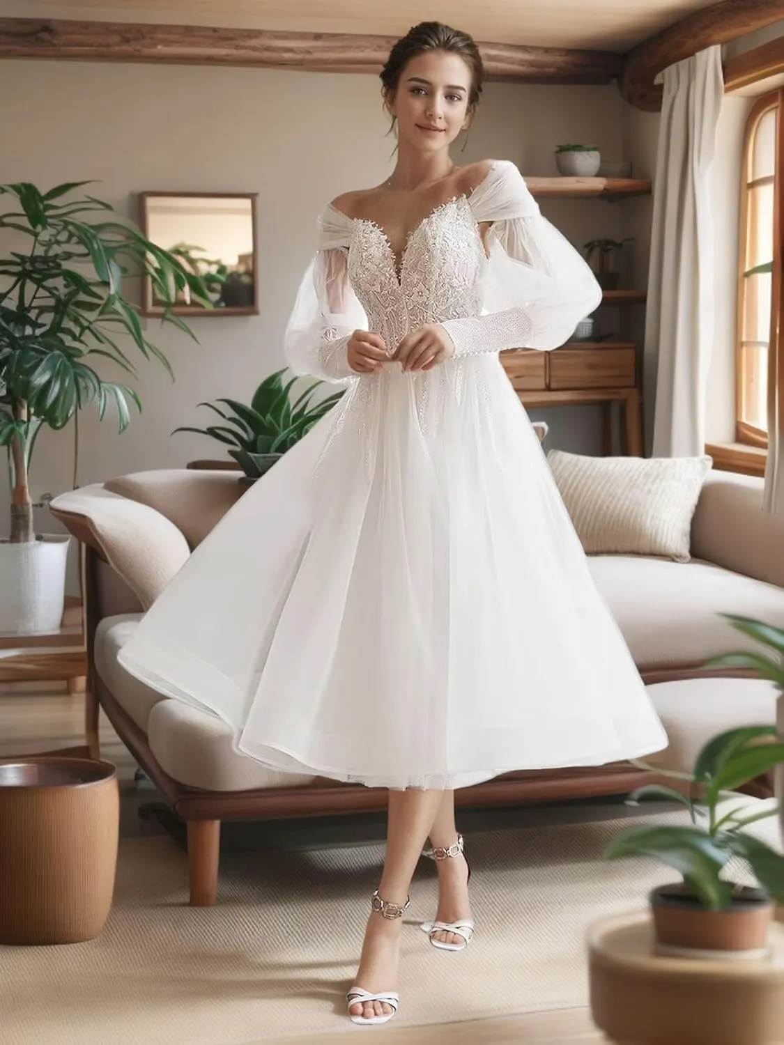 Lace Applique Pearl Wedding Dresses for Bride Long Sleeve Bohemian Bridal Gown Tea Length Engagement Dress 2024