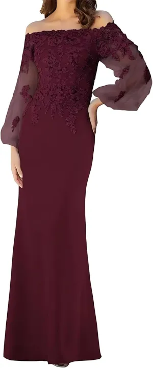 Lace Appliques Off Shoulder Mother of The Bride Dresses for Women Long Sleeves Mother of The Groom Dress 2025