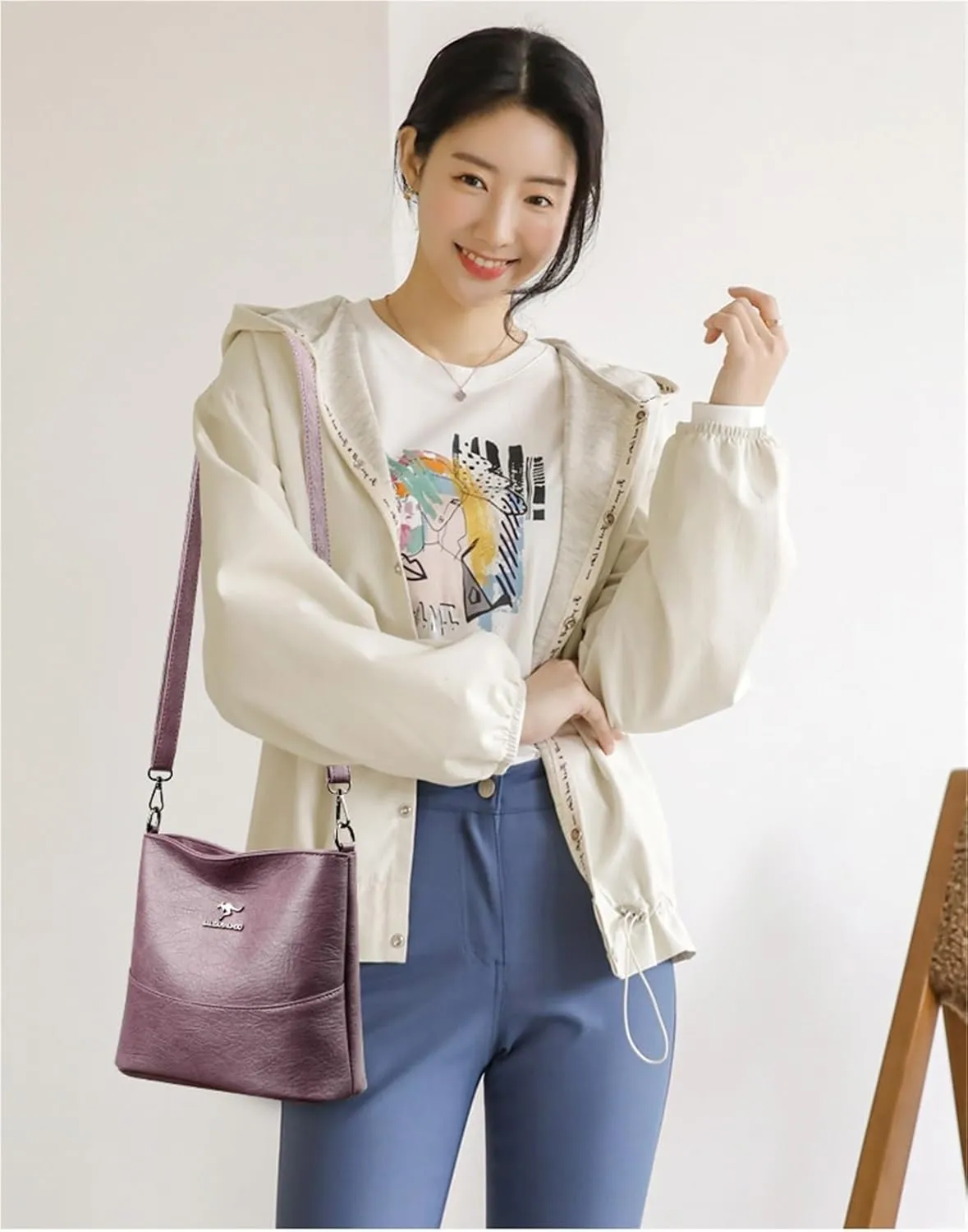 Ladies Solid Colour Shoulder Chain Crossbody Bucket Bag