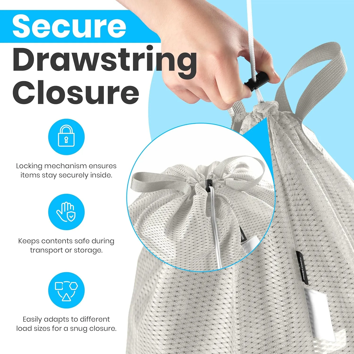Large Mesh Laundry Bag - Carry Handles, Secure Drawstring Closure, Machine Washable, Spacious Storage, Durable Soft Mesh Net Material, College Dorm, Camp, Laundromat. (Grey)