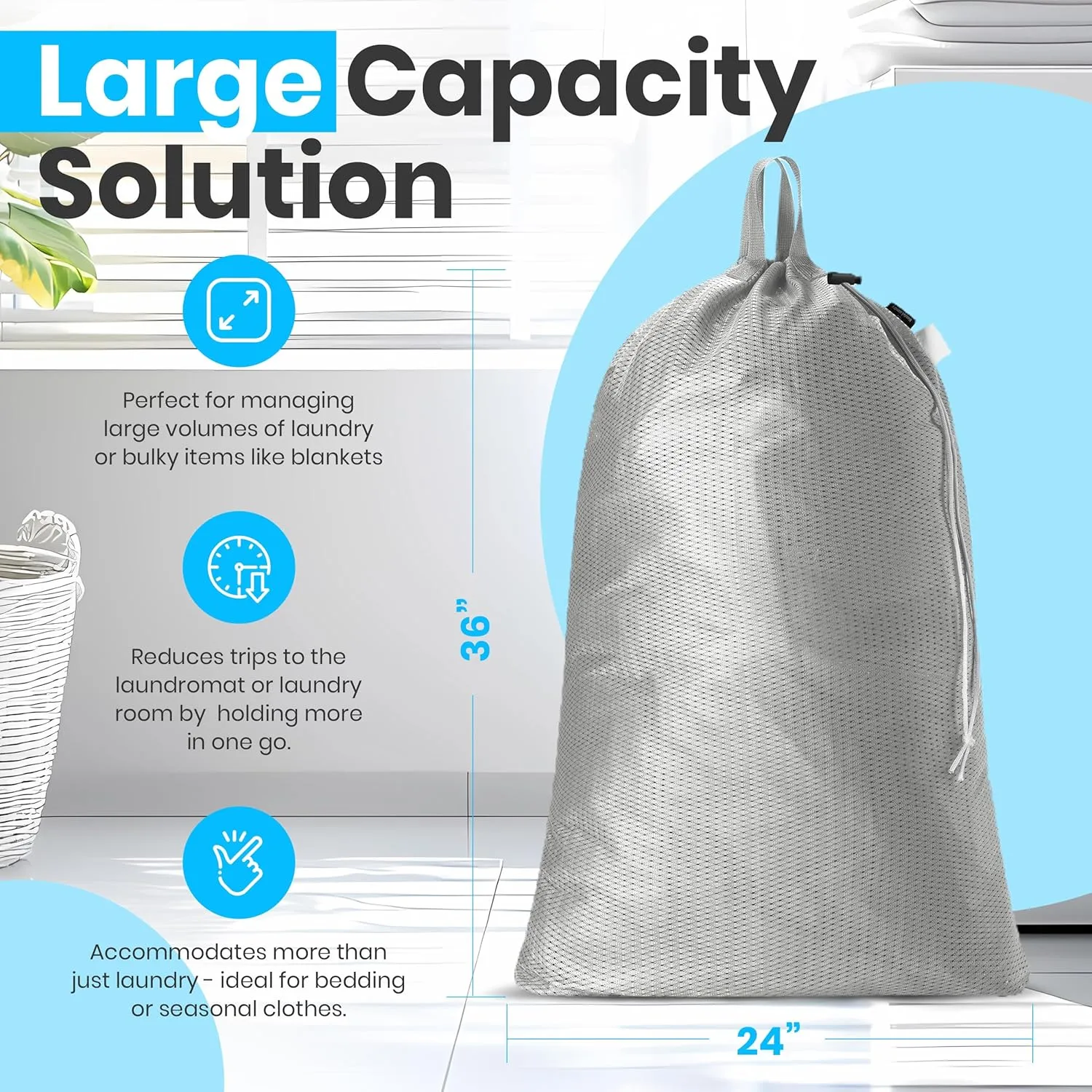 Large Mesh Laundry Bag - Carry Handles, Secure Drawstring Closure, Machine Washable, Spacious Storage, Durable Soft Mesh Net Material, College Dorm, Camp, Laundromat. (Grey)