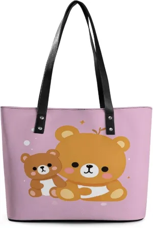 Leather Lady's Handbag Cute Bear Print Leather Tote Bags For Women Trendy Ladies Shoulder Bag for Work, Travel, Casual Use
