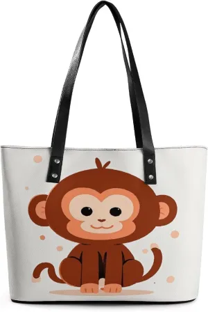 Leather Lady's Handbag Cute Brown Monkey Print Leather Tote Bags For Women Trendy Ladies Shoulder Bag for Work, Travel, Casual Use