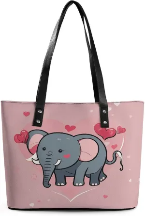 Leather Lady's Handbag Cute Elephant with Red Heart Print Leather Tote Bags For Women Trendy Ladies Shoulder Bag for Work, Travel, Casual Use