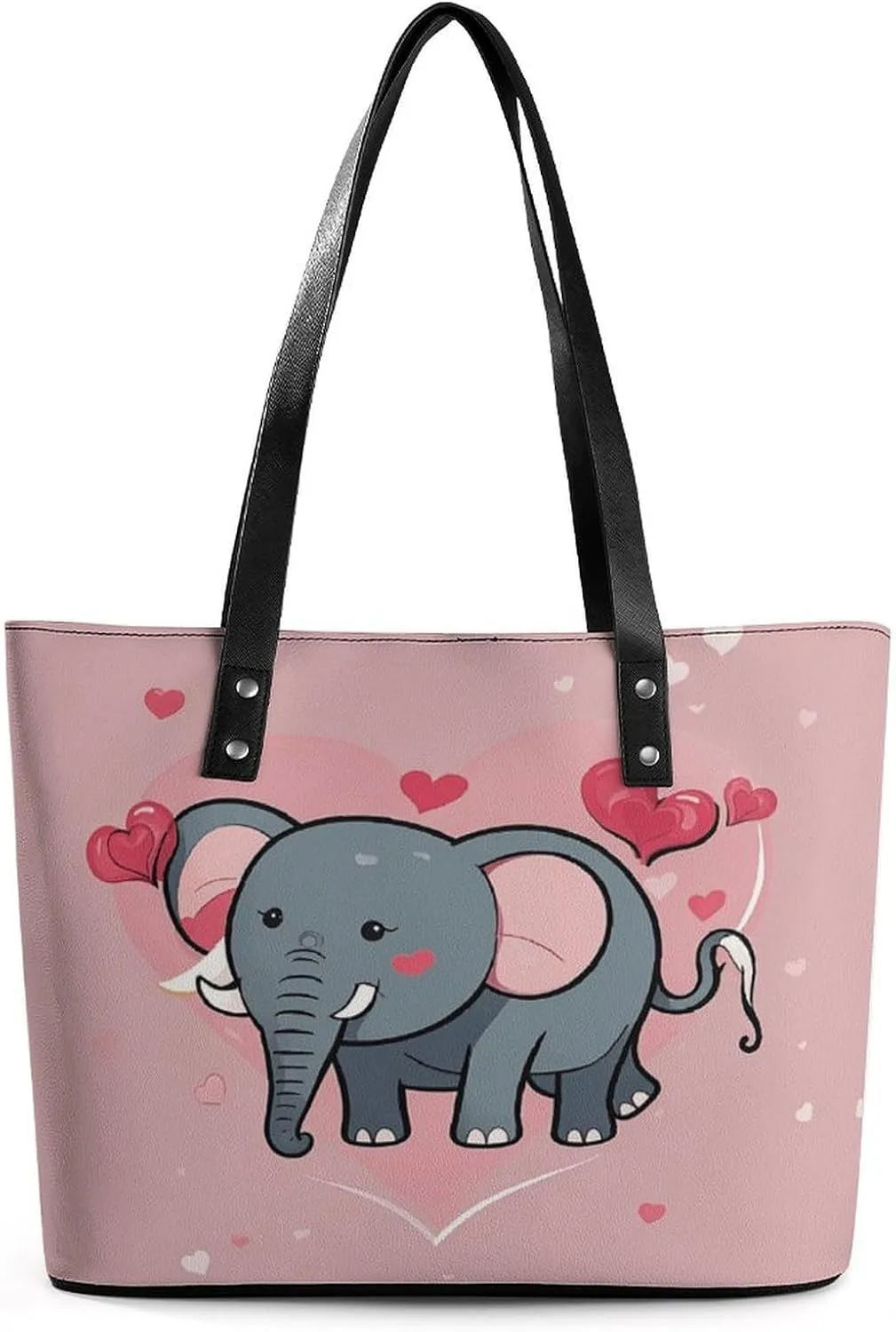 Leather Lady's Handbag Cute Elephant with Red Heart Print Leather Tote Bags For Women Trendy Ladies Shoulder Bag for Work, Travel, Casual Use