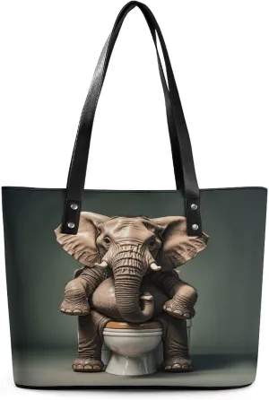 Leather Lady's Handbag Elephant Sitting on The Toilet Print Leather Tote Bags For Women Trendy Ladies Shoulder Bag for Work, Travel, Casual Use