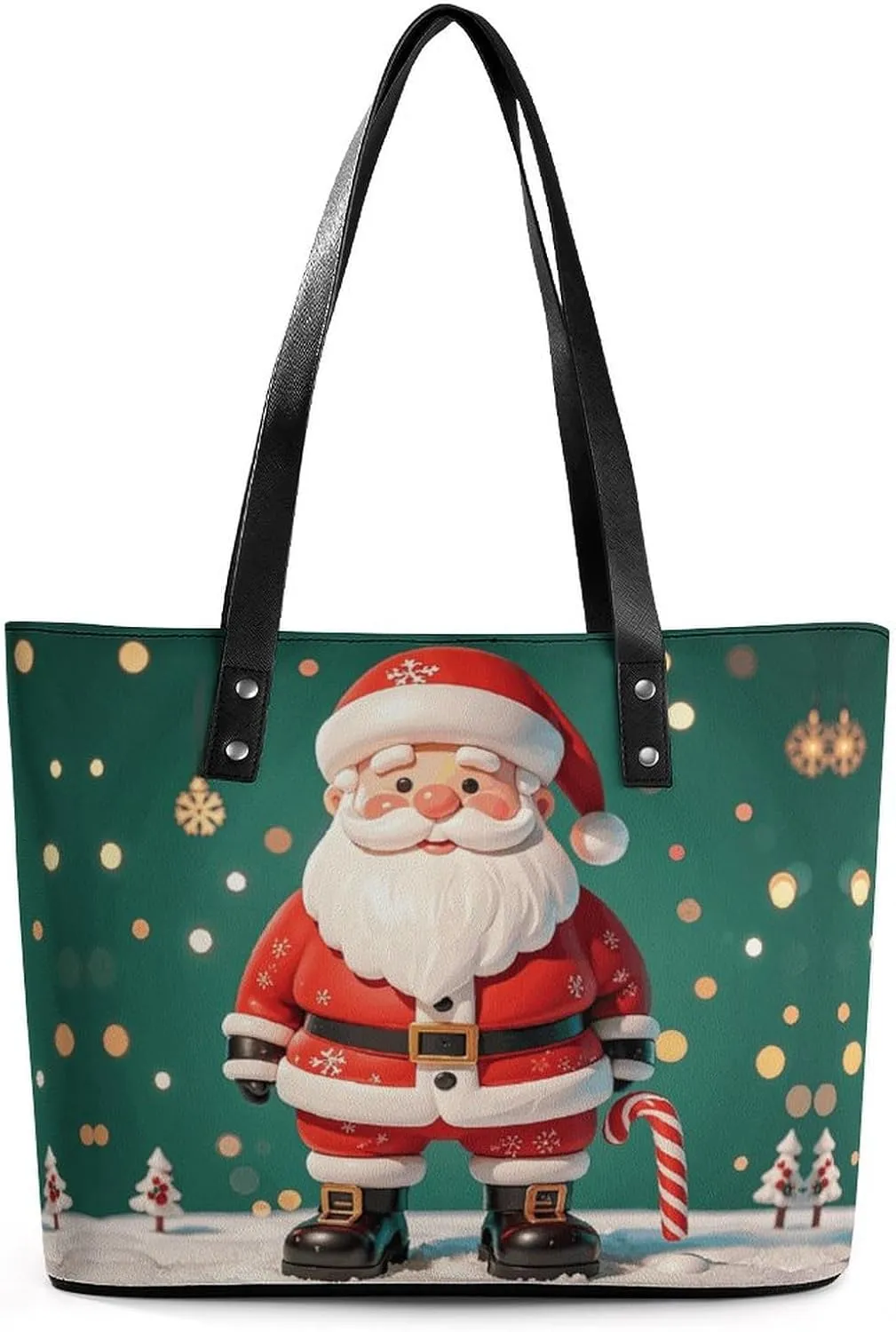 Leather Lady's Handbag Father Christmas Print Leather Tote Bags For Women Trendy Ladies Shoulder Bag for Work, Travel, Casual Use